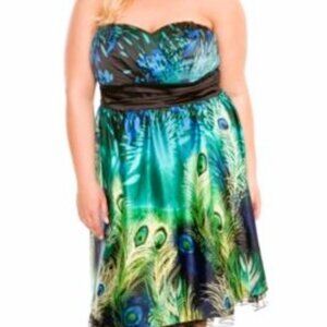 Torrid Z. Cavaricci Strapless Satin Peacock Feather Dress Size 26 EUC